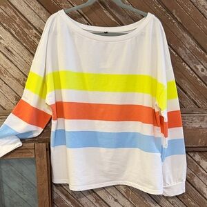 Colorful Striped white, yellow, orange and blue striped tee shirt Women's Top